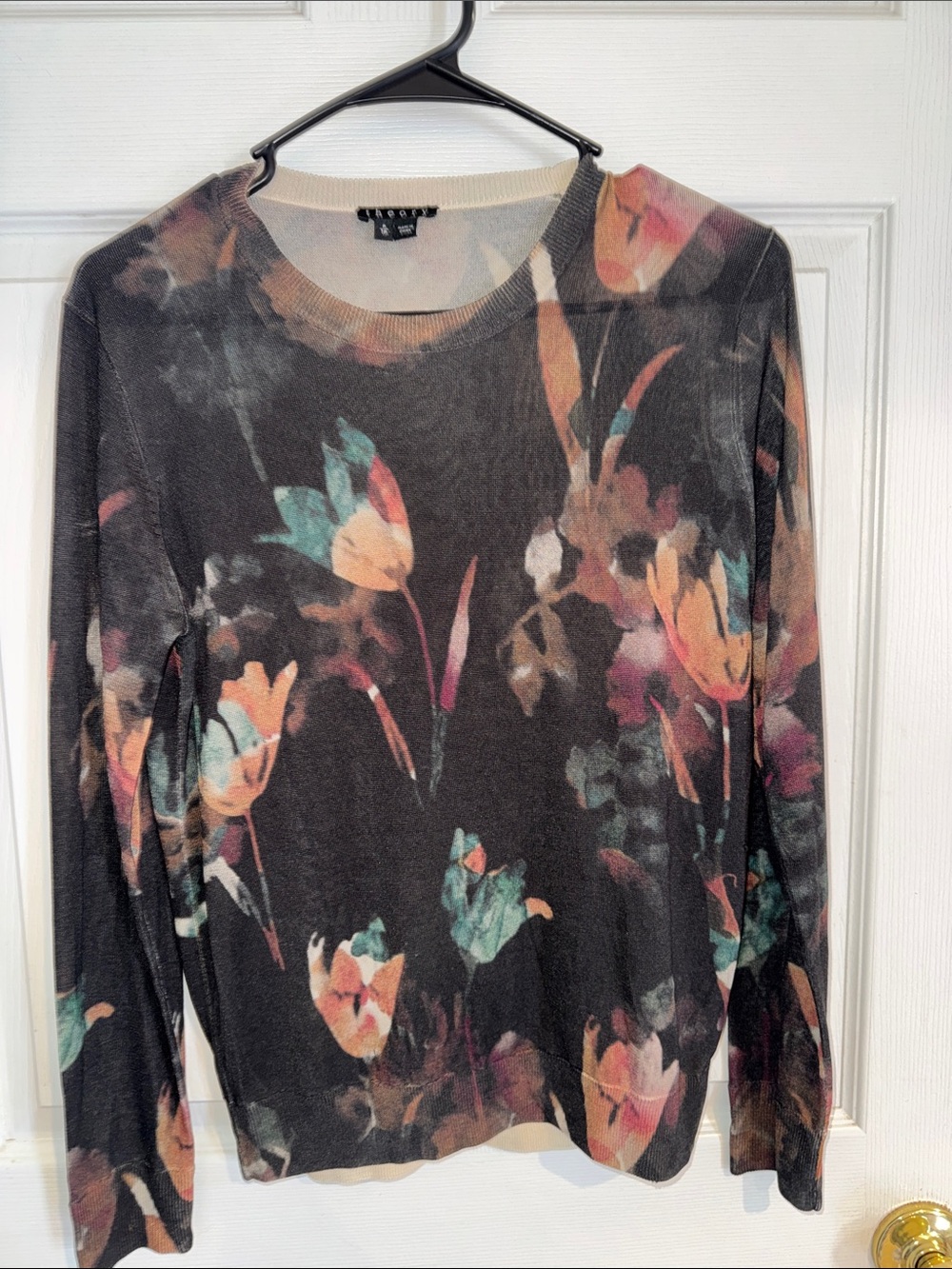 Theory Black Floral Long Sleeve Tee with Teal and Peach Blooms